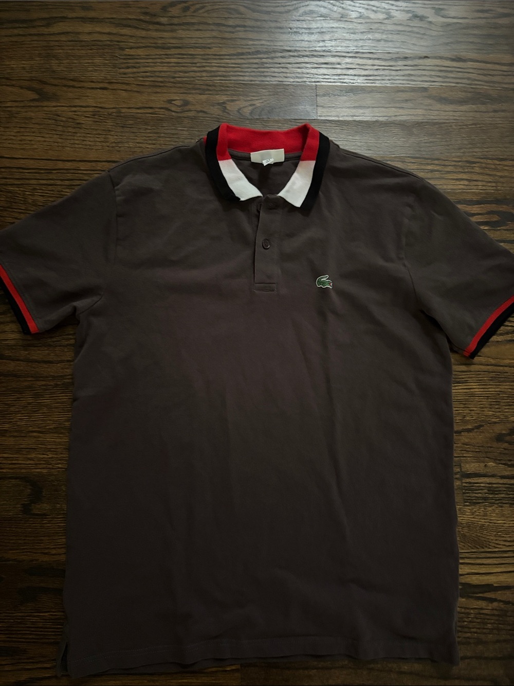 Lacoste Men's Dark Brown Polo with Red & White Trim